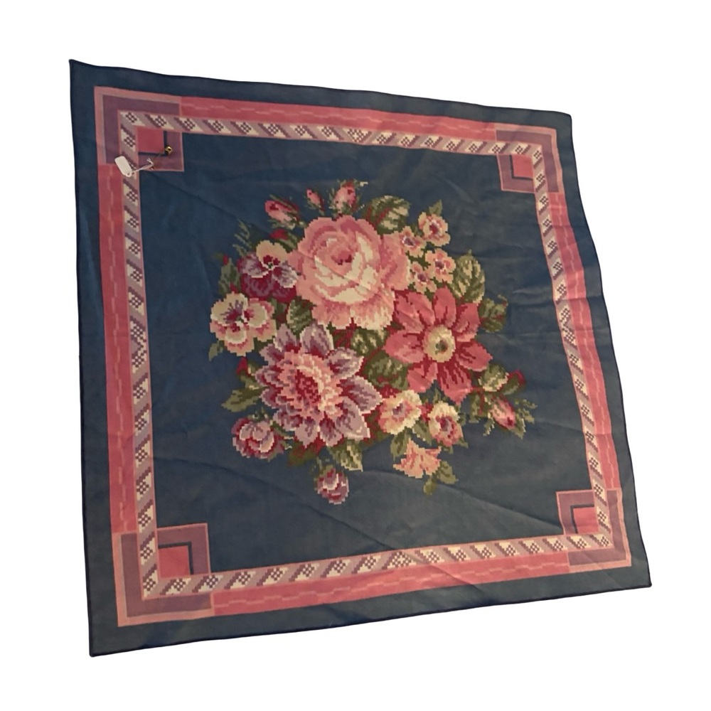 Vintage Blue & Pink Floral Blue Bandana Head Scarf Pocket Large Square 16X16”
